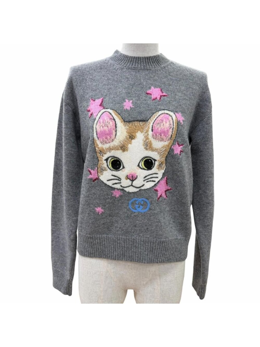 Gucci Yuko Higuchi Wool GG Embroidery Long Sleeve Knit Gray XS Sweater